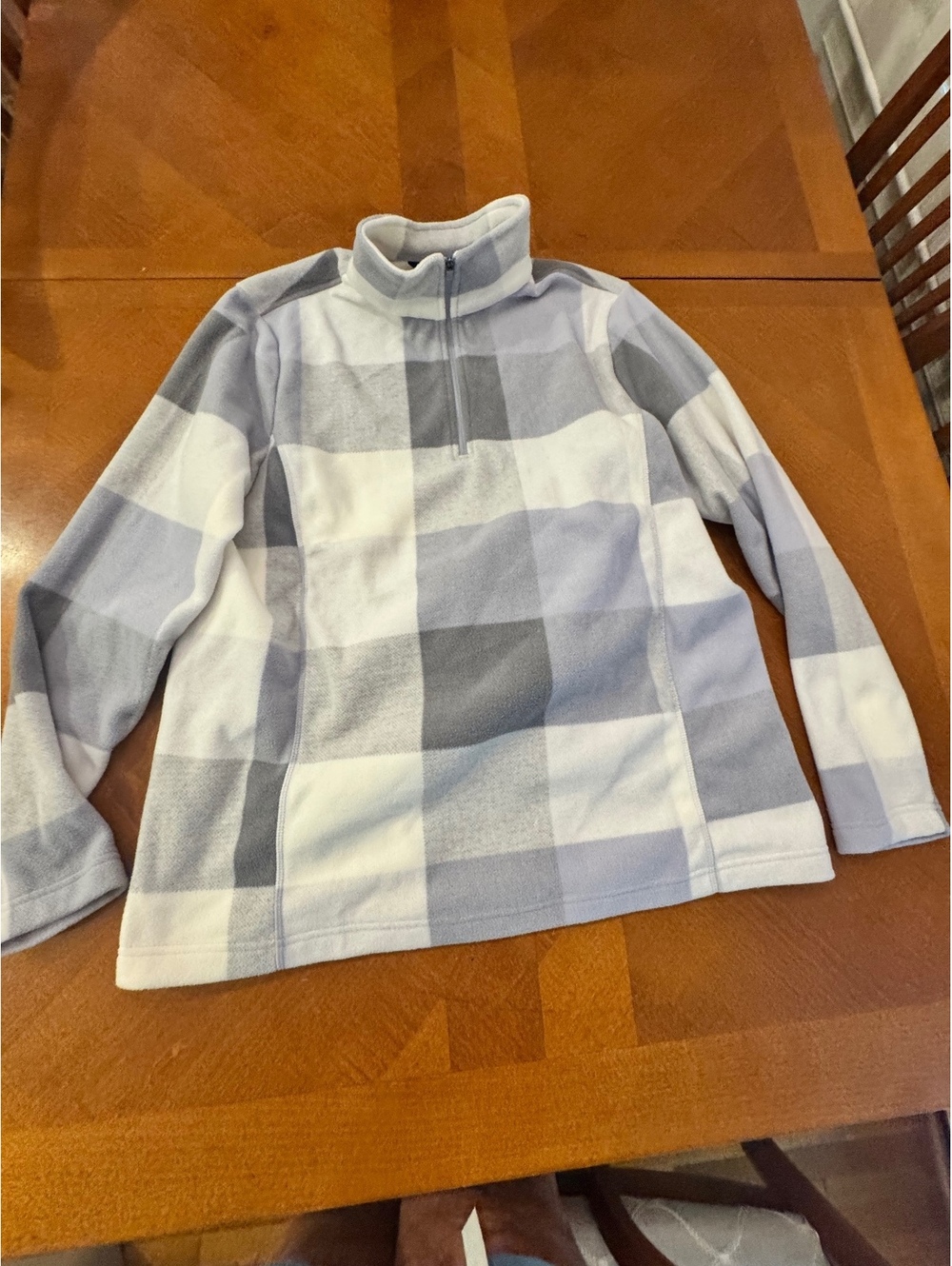 Lands' End Women's Large Gray and White Plaid Fleece Quarter-Zip Pullover L 3112